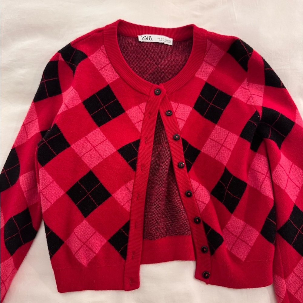 Zara Red Argyle Crewneck Cardigan Sweater